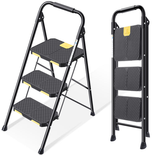 KINGRACK 3 Step Ladder, Sturdy Steel Step Stool with Safe-Lock Design, Handrail, Anti-Slip Wide Pedals, Pass 800lbs Load Testing, Folding Portable Ladder for Multi-Purpose, Home, Kitchen, Black