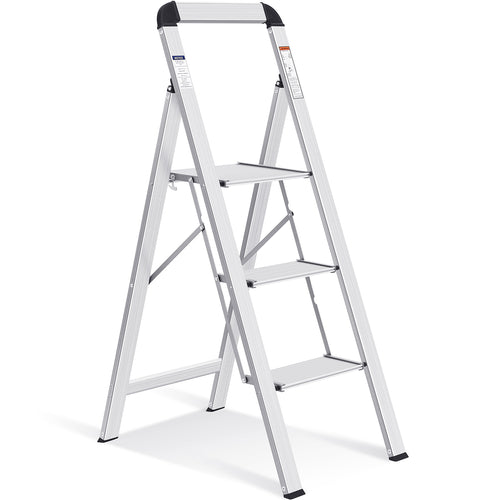 KINGRACK Aluminium 3 Step Ladder, Lightweight Step Stool with Non-Slip Pedals, Handrail, 330 LBS Foldable Step Ladder for Kitchen, Garage, Home, Space Saving, Sturdy and Portable, Silver