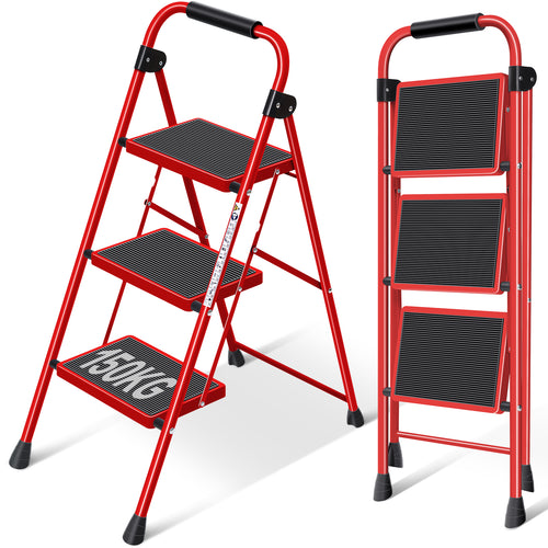 KINGRACK Step Ladder 3 Step Folding,3 Step Ladder with with Anti-Slip and Wide Pedal,Portable Foldable Step Ladder with Handgrip,Tall Sturdy Step Ladder for Home Kitchen Household,Red