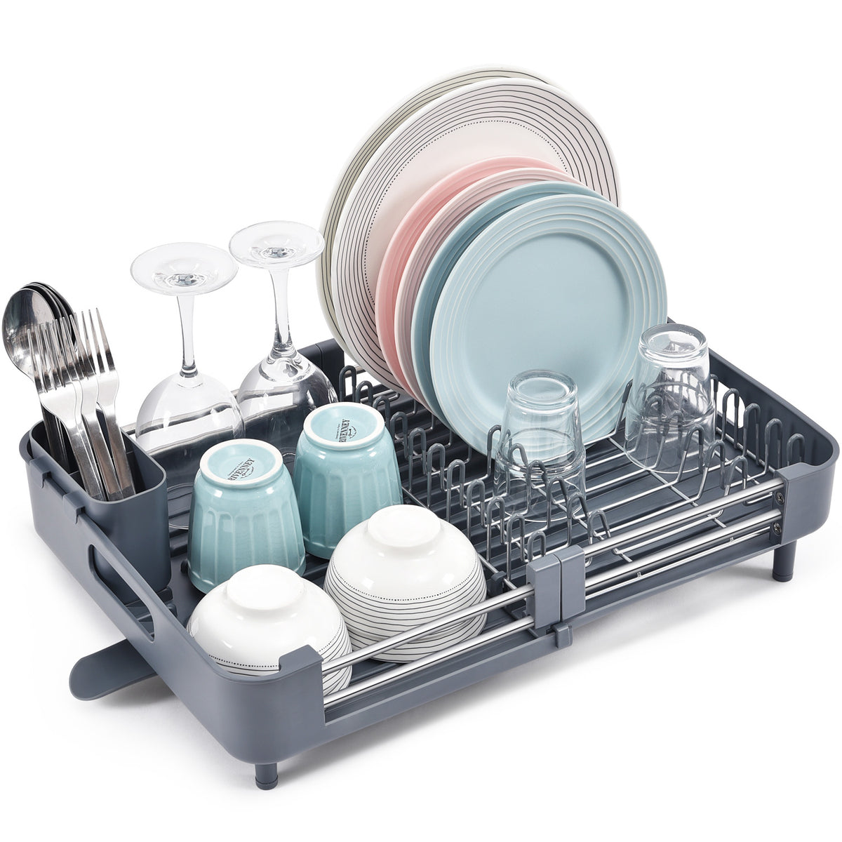 BEHERZT Expandable Dish Drying Rack, Large Capacity Dish Drainer, Plate Rack, Dish Rack for Kitchen Counter, Gray