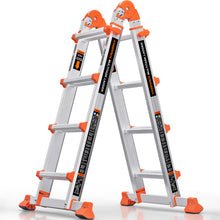KINGRACK Ladder, A Frame 4 Step Extension Ladder, 14 Ft Anti-Slip Multi Position Ladder with Stabilizer Bar, 330 lbs Security Load Telescoping Aluminum Ladders for Stairs Home Outdoor Roof Work