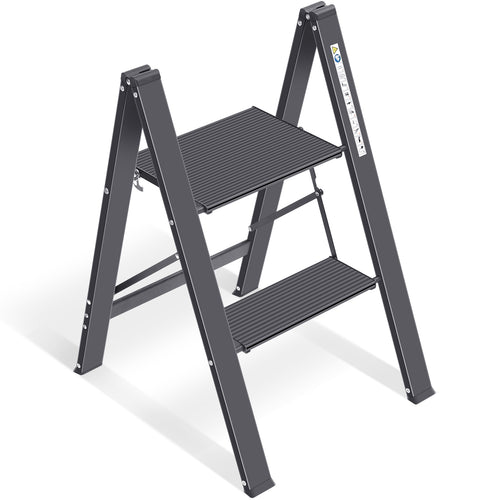 KINGRACK Aluminium 2 Step Ladder with Wide Steps, Lightweight Folding Ladder, Portable Slim Step Stool, Safety Household Ladder Stepladder with Multi-function, Black