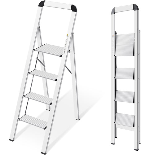 KINGRACK Aluminium 4 Step Ladder, Lightweight Step Stool with Non-Slip Pedals, Handrail, Foldable Step Ladder for Kitchen, Garage, Home, Space Saving, Sturdy and Portable, Silver