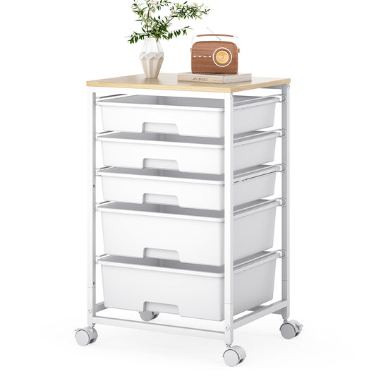 KK KINGRACK Rolling Cart with 5 Drawers, Storage Drawer Cart with Wooden Tabletop, Metal & Plastic, White (BZ831154-1)