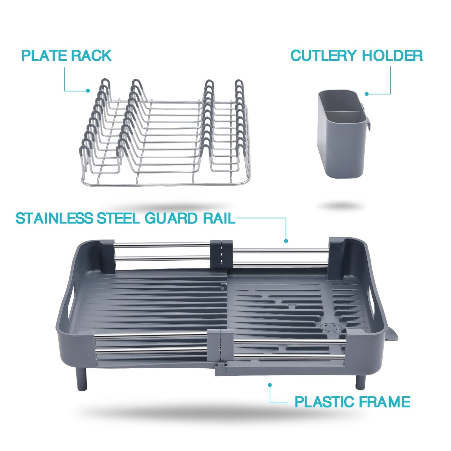 Kingrack Extendable Dish Rack, Dual Part Dish Drainers with Non-Scratch and Movable Cutlery Drainer and Drainage Spout, WK810172-6