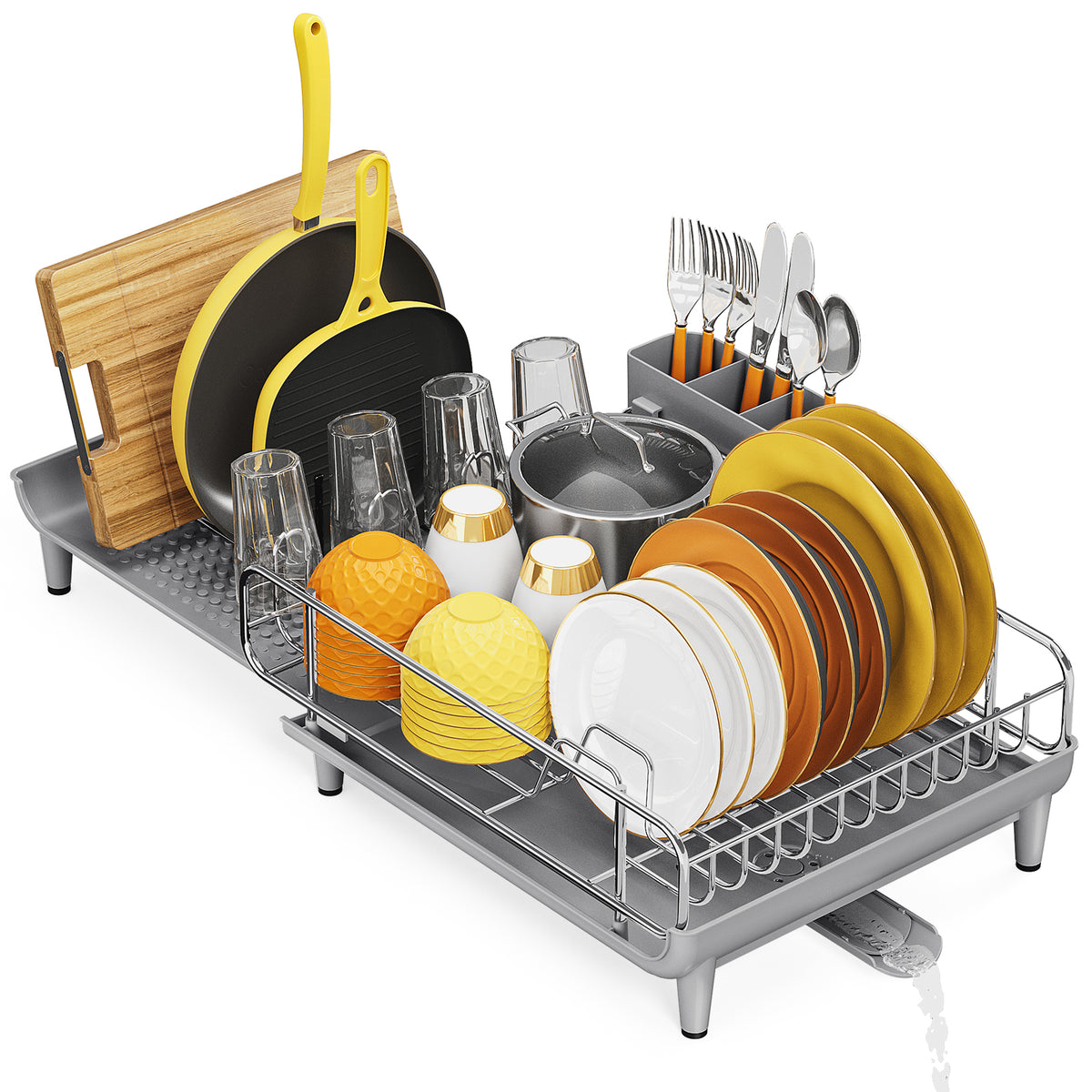 BEHERZT Extendable Dish Drainer, Dish Drying Rack, Stainless Steel, Plate Rack, 25.39" x 11.42" x 1.77", Gray