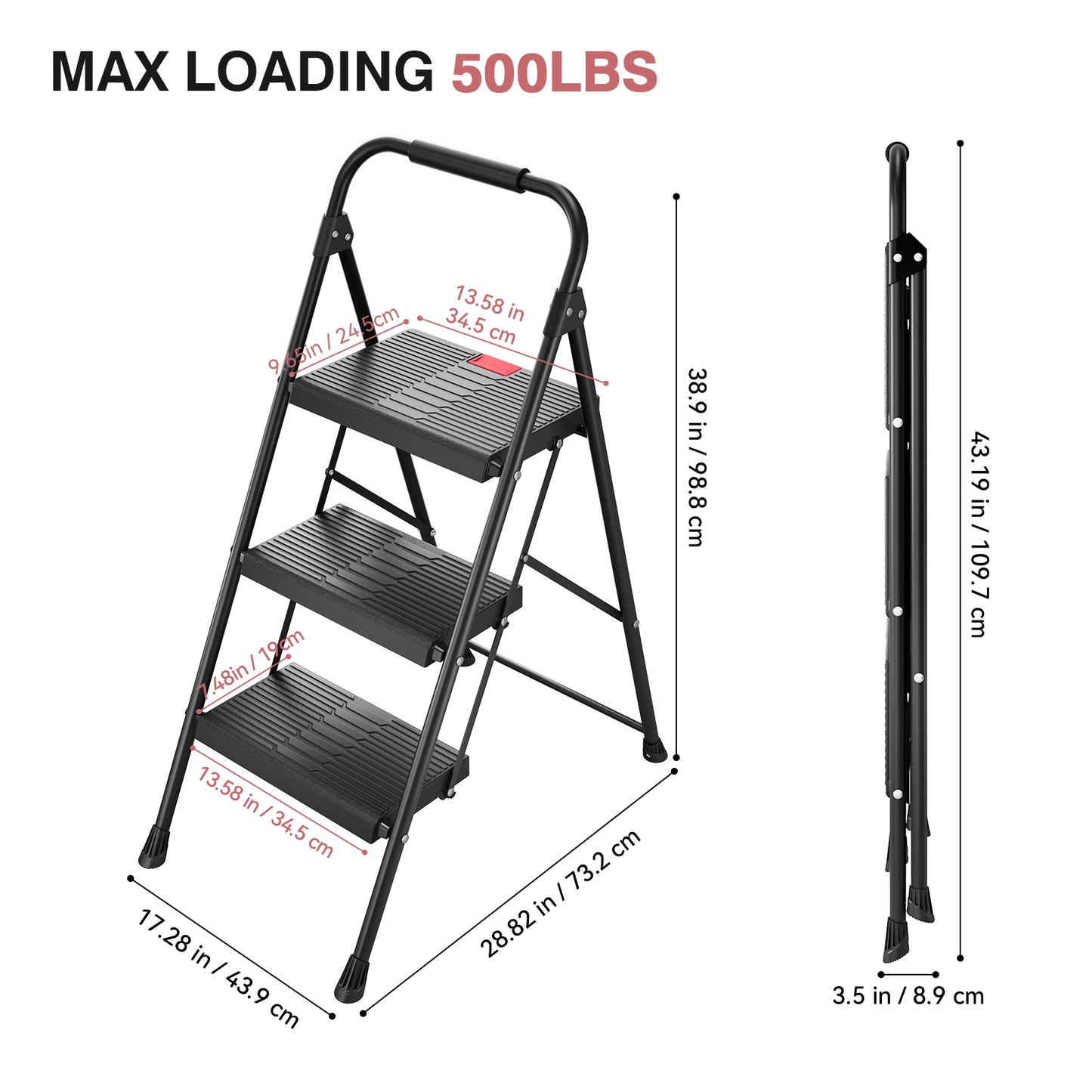 3 Step Stool, KK KINGRACK Folding Step Ladder with Wide Pedal&Safety Lock, 500 LBS, Black(2228-3)