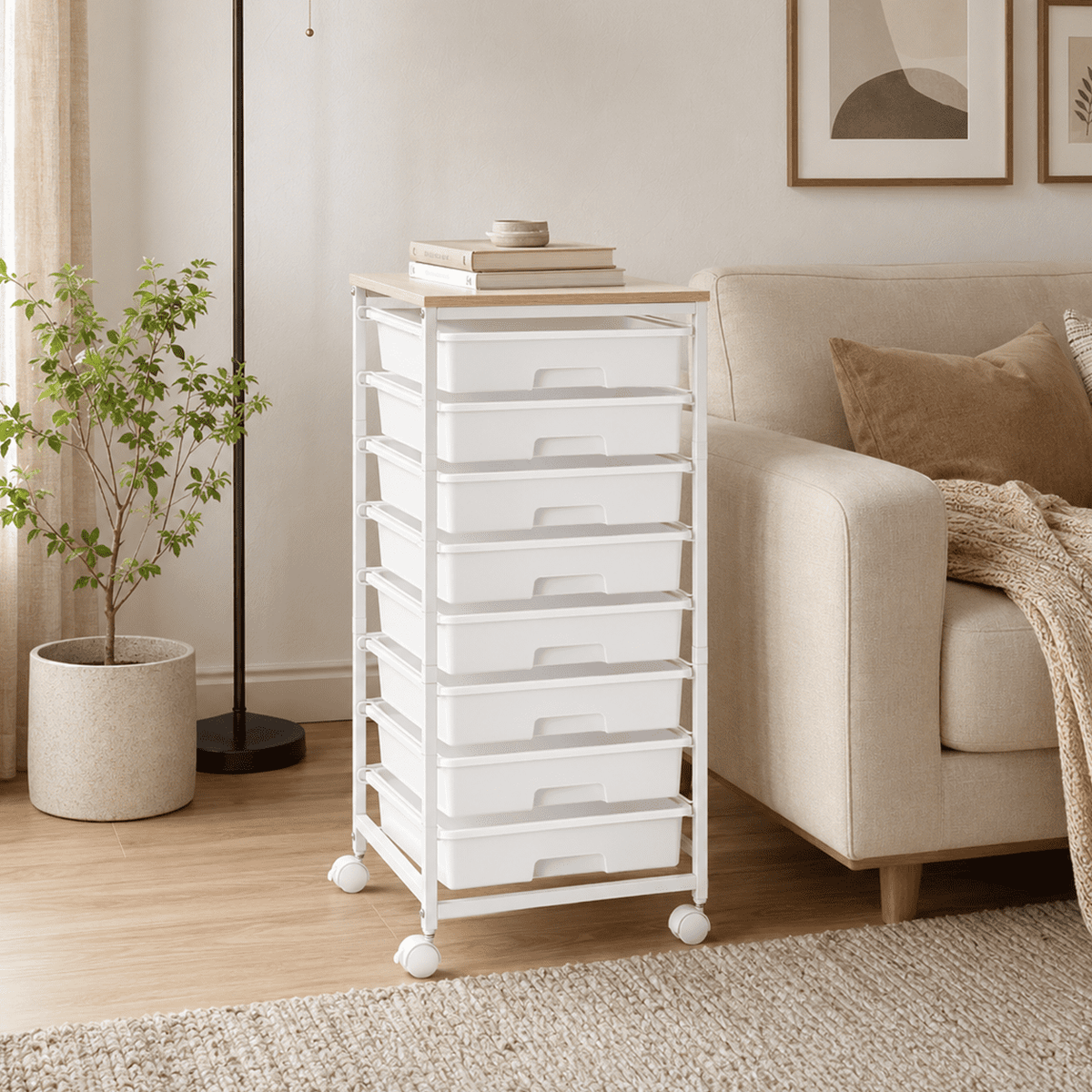 KK KINGRACK Storage Rolling Drawer Cart, Drawer Organizer with 8 Drawers and Wooden Tabletop, Metal & Plastic, White
