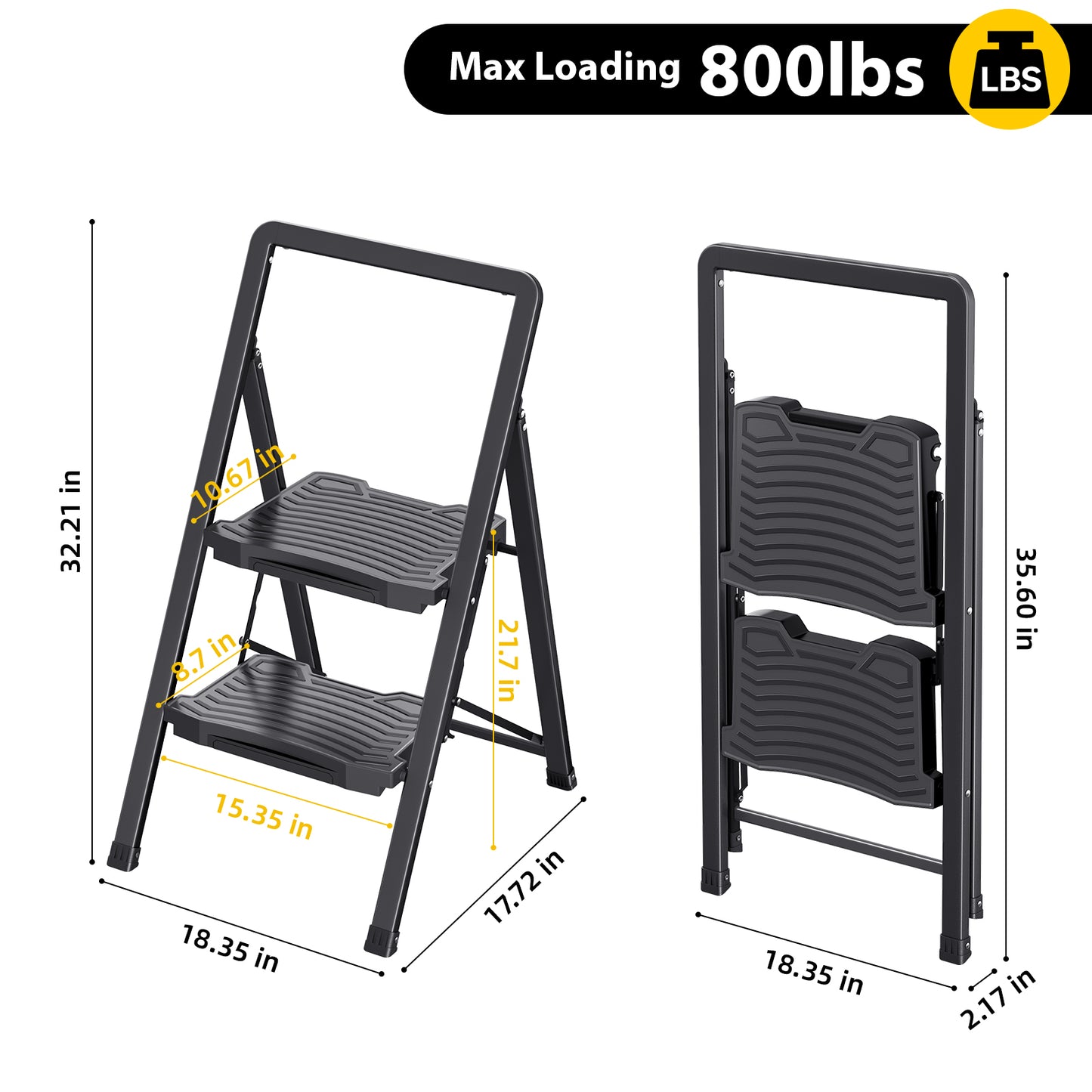 KINGRACK 2/3/4 Folding Step Ladder with Handrail, Steel Step Stool, Black