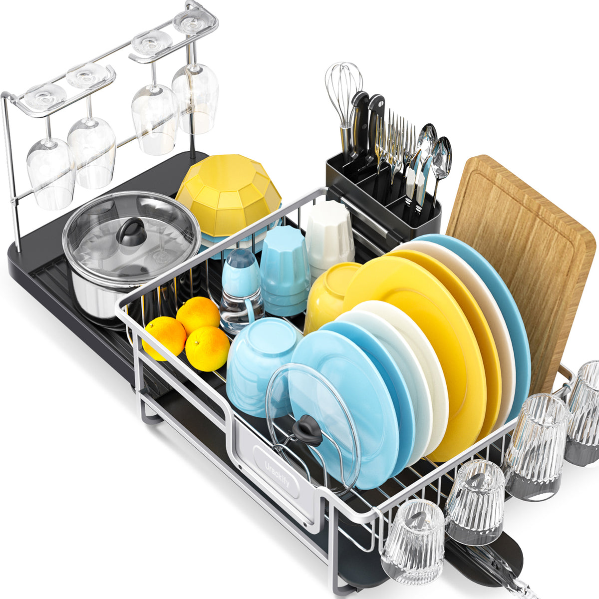 BEHERZT Expandable Dish Drainer, Aluminum Kitchen Dish Drying Rack, Plate Rack, Large Capacity, Black