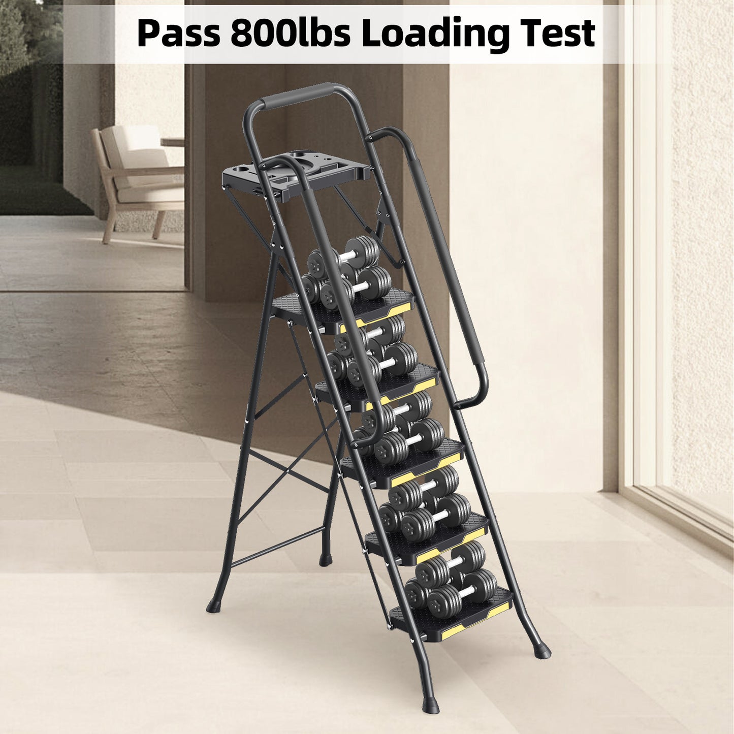 KK KINGRACK 5 Step Stool, Folding Ladder with Tool Platform&Handrails, 800 lbs Capacity, Black (TZ2223-5D)