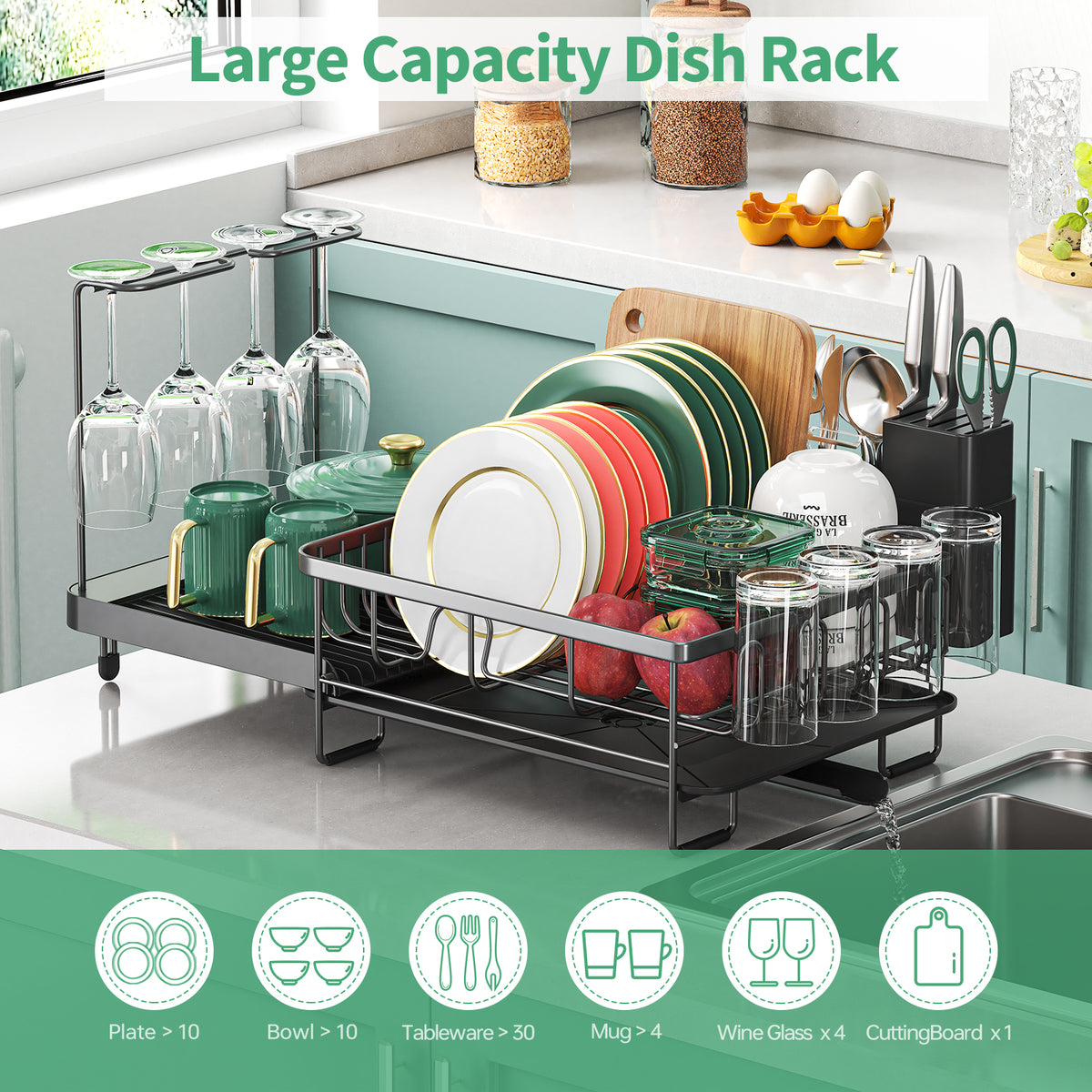 BEHERZT Expandable Dish Drying Rack, Large Capacity Dish Drainer, Plate Rack, Dish Rack with Wine Glasses, Black