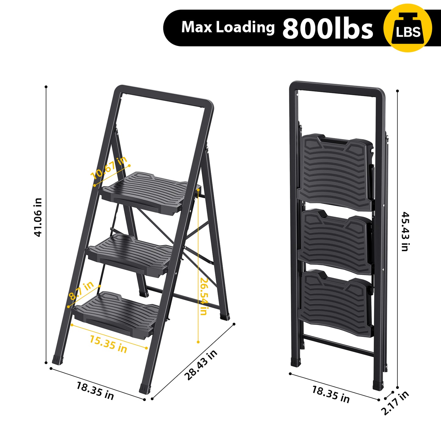 KINGRACK 2/3/4 Folding Step Ladder with Handrail, Steel Step Stool, Black
