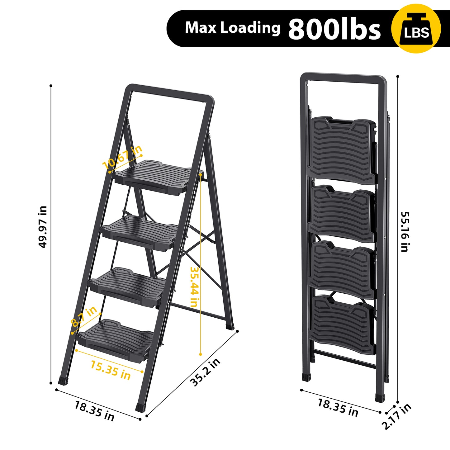 KINGRACK 2/3/4 Folding Step Ladder with Handrail, Steel Step Stool, Black