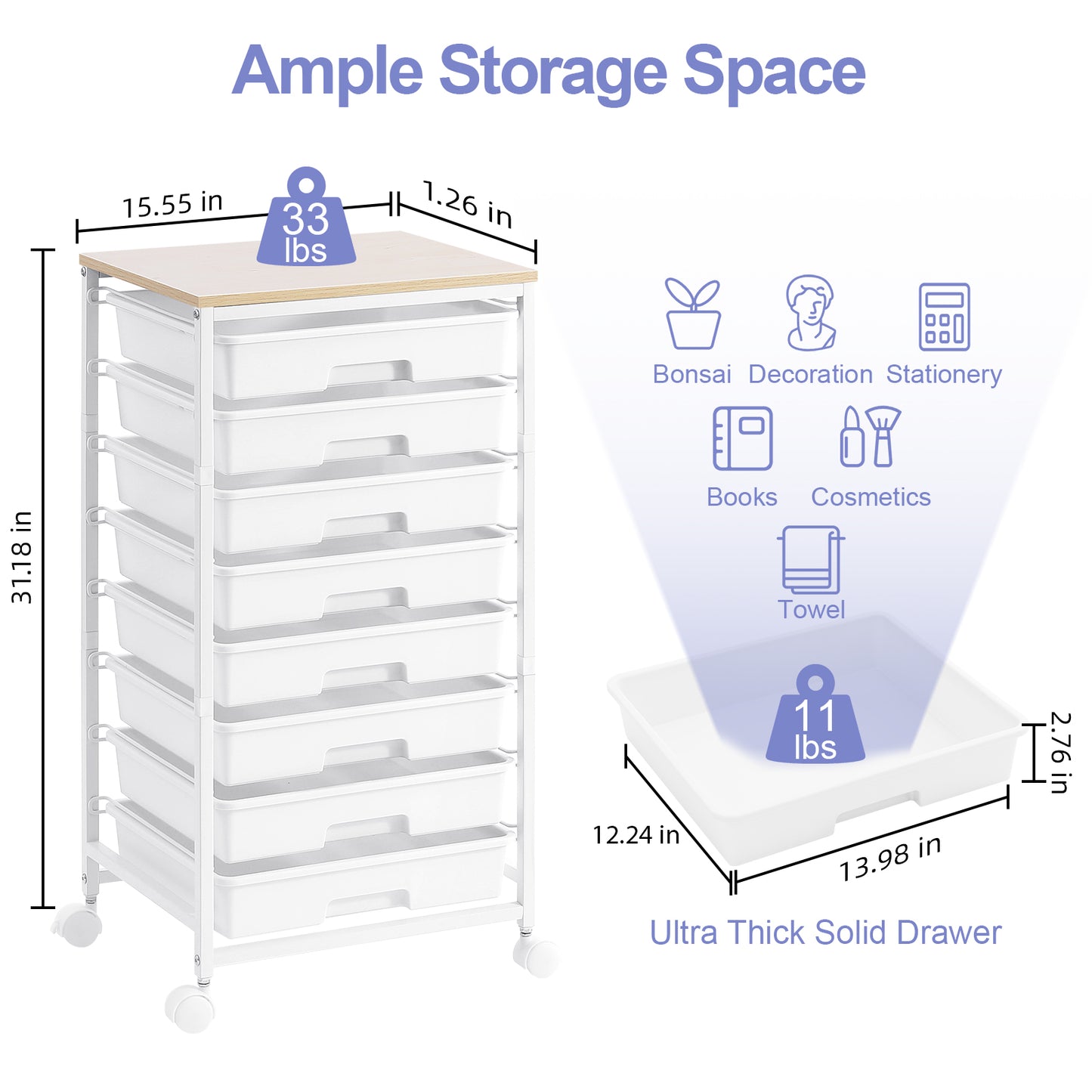 KK KINGRACK Storage Rolling Drawer Cart, Drawer Organizer with 8 Drawers and Wooden Tabletop, Metal & Plastic, White (BZ830924-6)