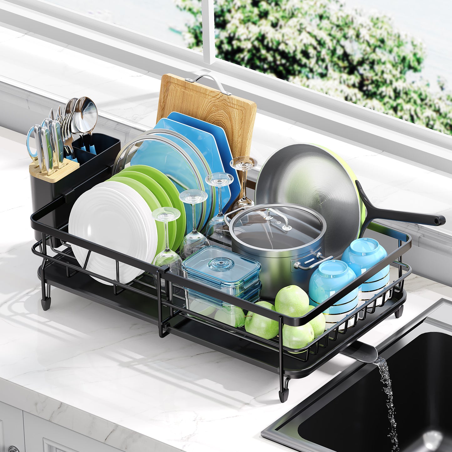 KK KINGRACK Dish Drying Rack, Expandable Dish Drainer with Utensil Holder for Kitchen Organizer, Black (WK810374-2)
