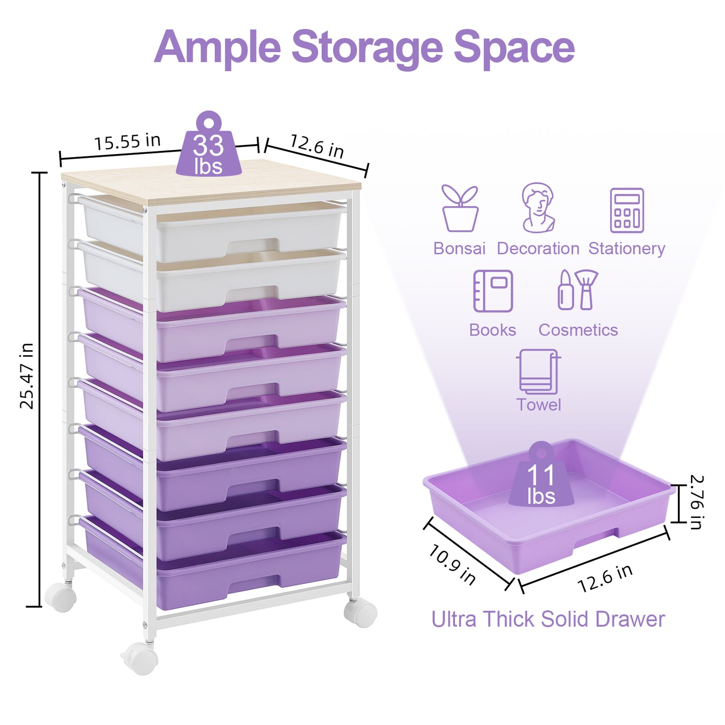 KK KINGRACK Storage Rolling Drawer Cart with 8 Drawers & Wooden Tabletop, Metal & Plastic, Purple（BZ830924-7）