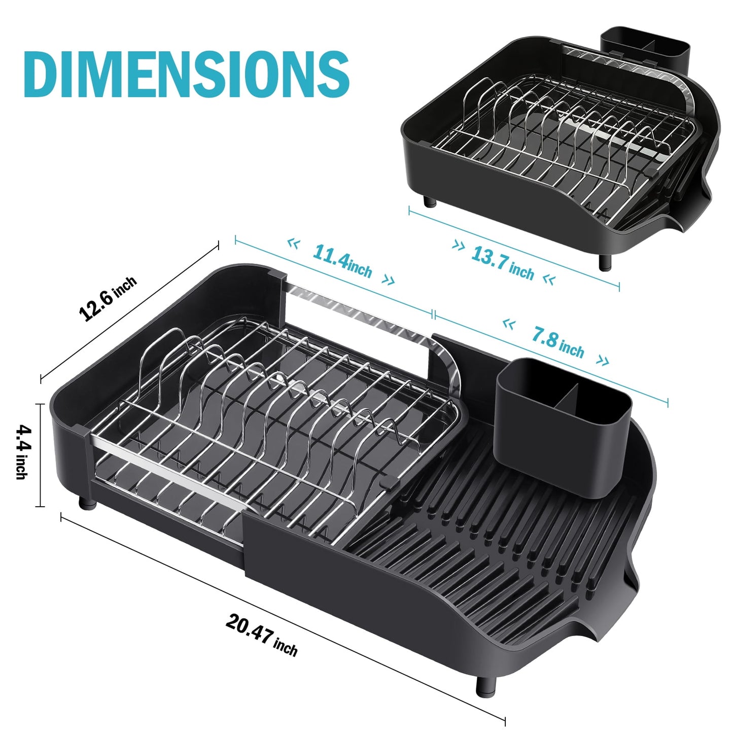 TOOLF Dish Drying Rack , Removable Dish Drainer with Water Tray for Kitchen, Large Capacity, Black, 13.7"-20.47"Lx12.6"W(WK810700)
