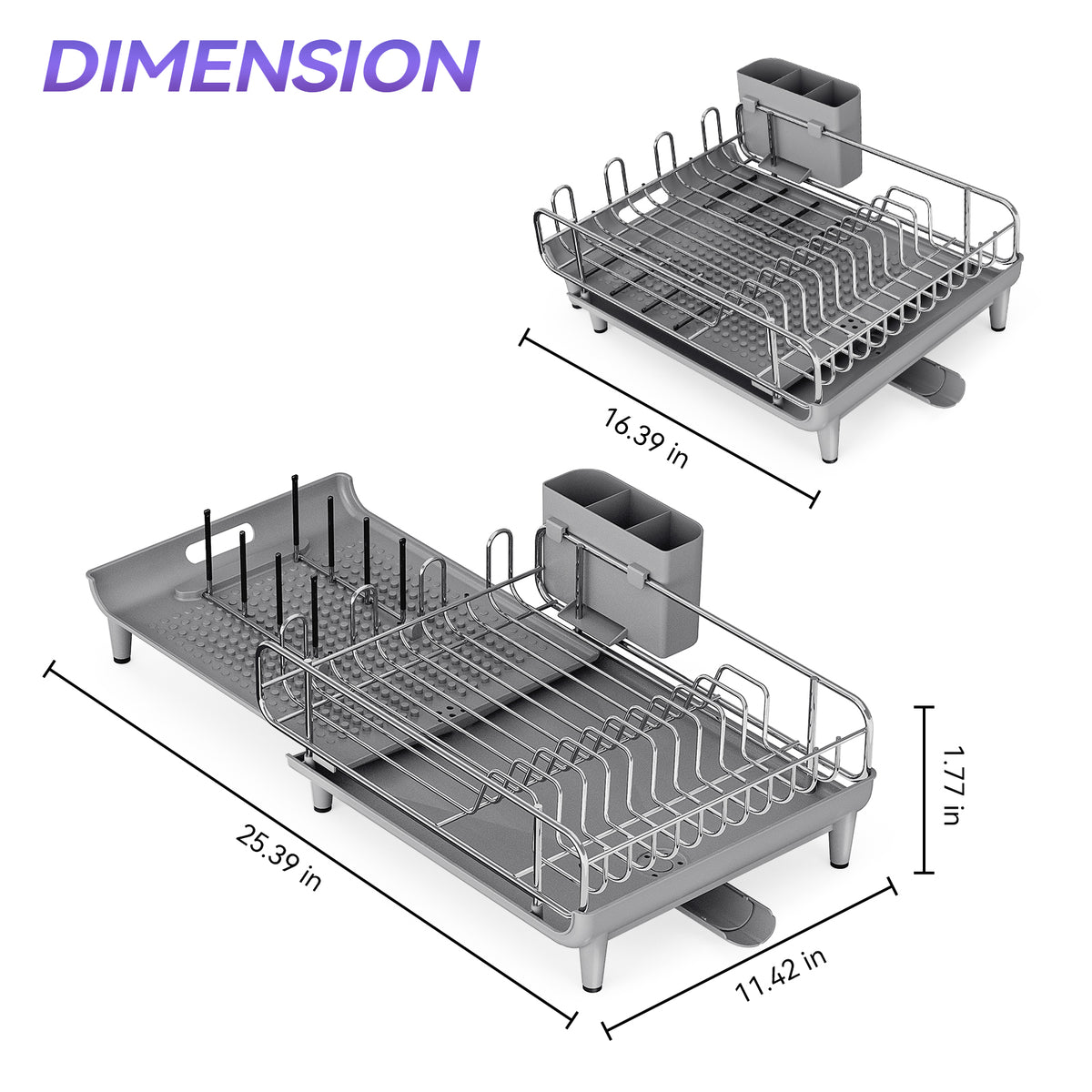 BEHERZT Extendable Dish Drainer, Dish Drying Rack, Stainless Steel, Plate Rack, 25.39" x 11.42" x 1.77", Gray