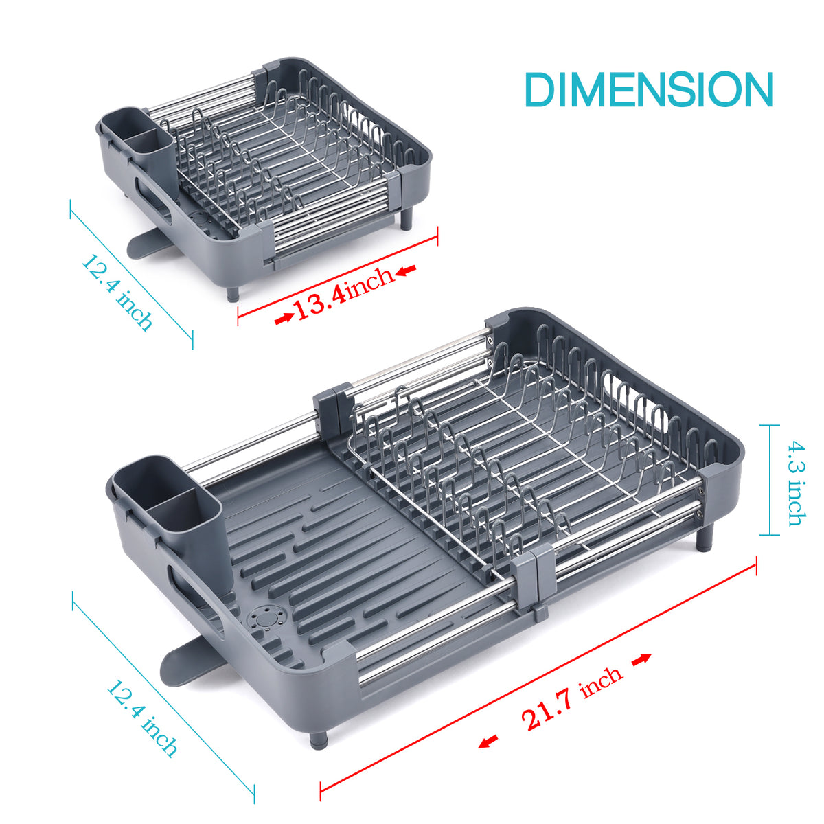 BEHERZT Expandable Dish Drying Rack, Large Capacity Dish Drainer, Plate Rack, Dish Rack for Kitchen Counter, Gray