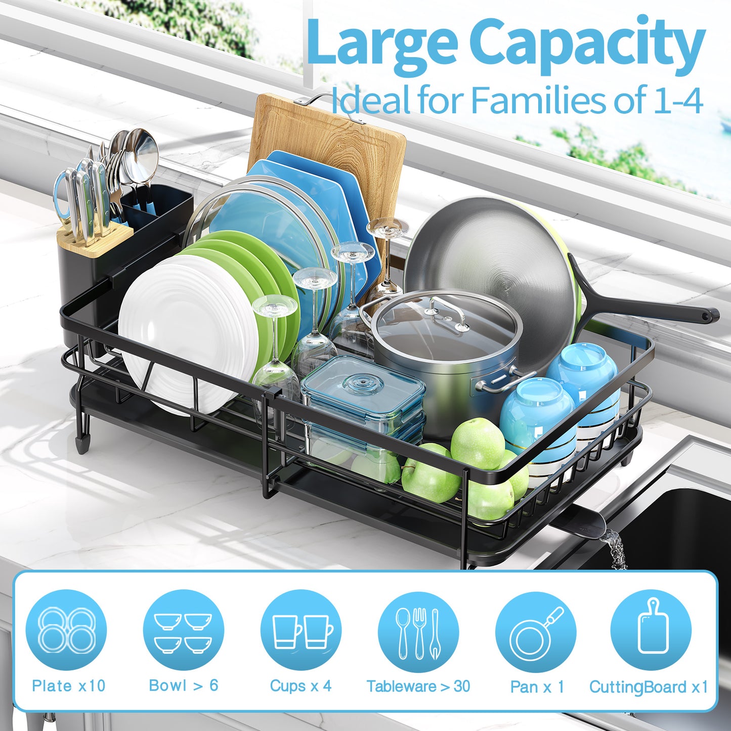 KK KINGRACK Dish Drying Rack, Expandable Dish Drainer with Utensil Holder for Kitchen Organizer, Black (WK810374-2)