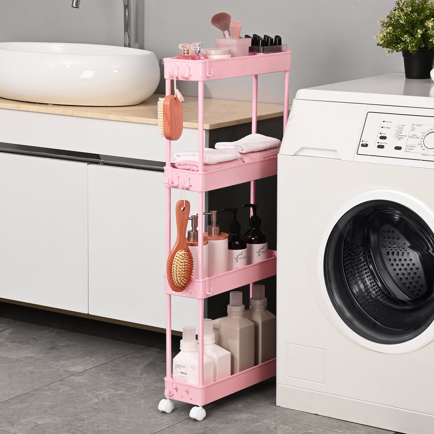 TOOLF 4 Tier Rolling Cart, Slim Storage Cart, Bathroom & Laundry Organizer for Office Kitchen Bedroom Laundry Room（RY810179-P）