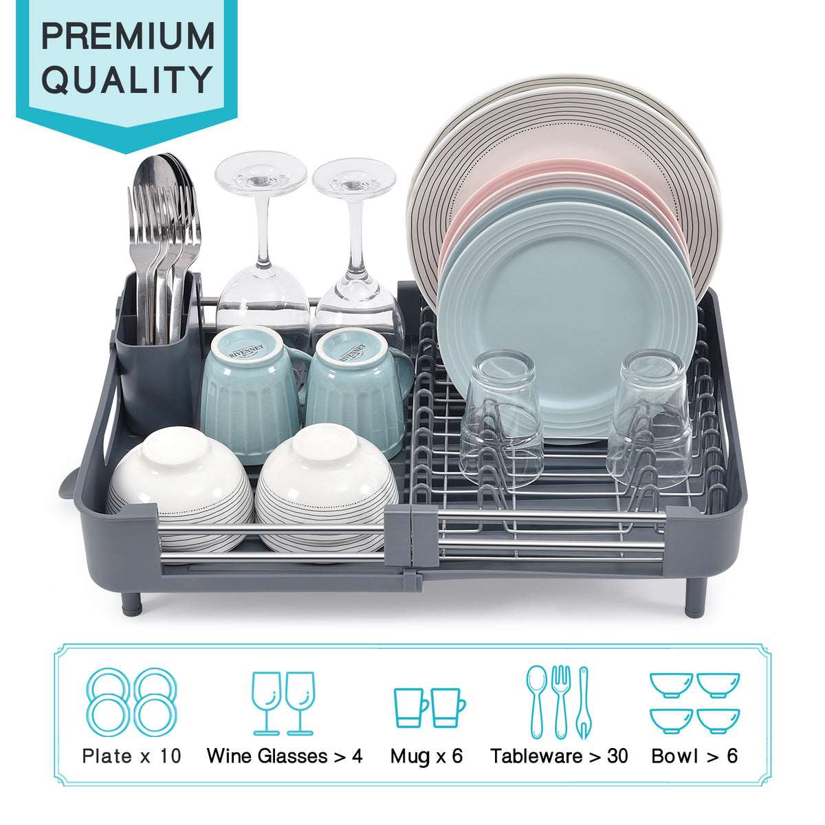 BEHERZT Expandable Dish Drying Rack, Large Capacity Dish Drainer, Plate Rack, Dish Rack for Kitchen Counter, Gray