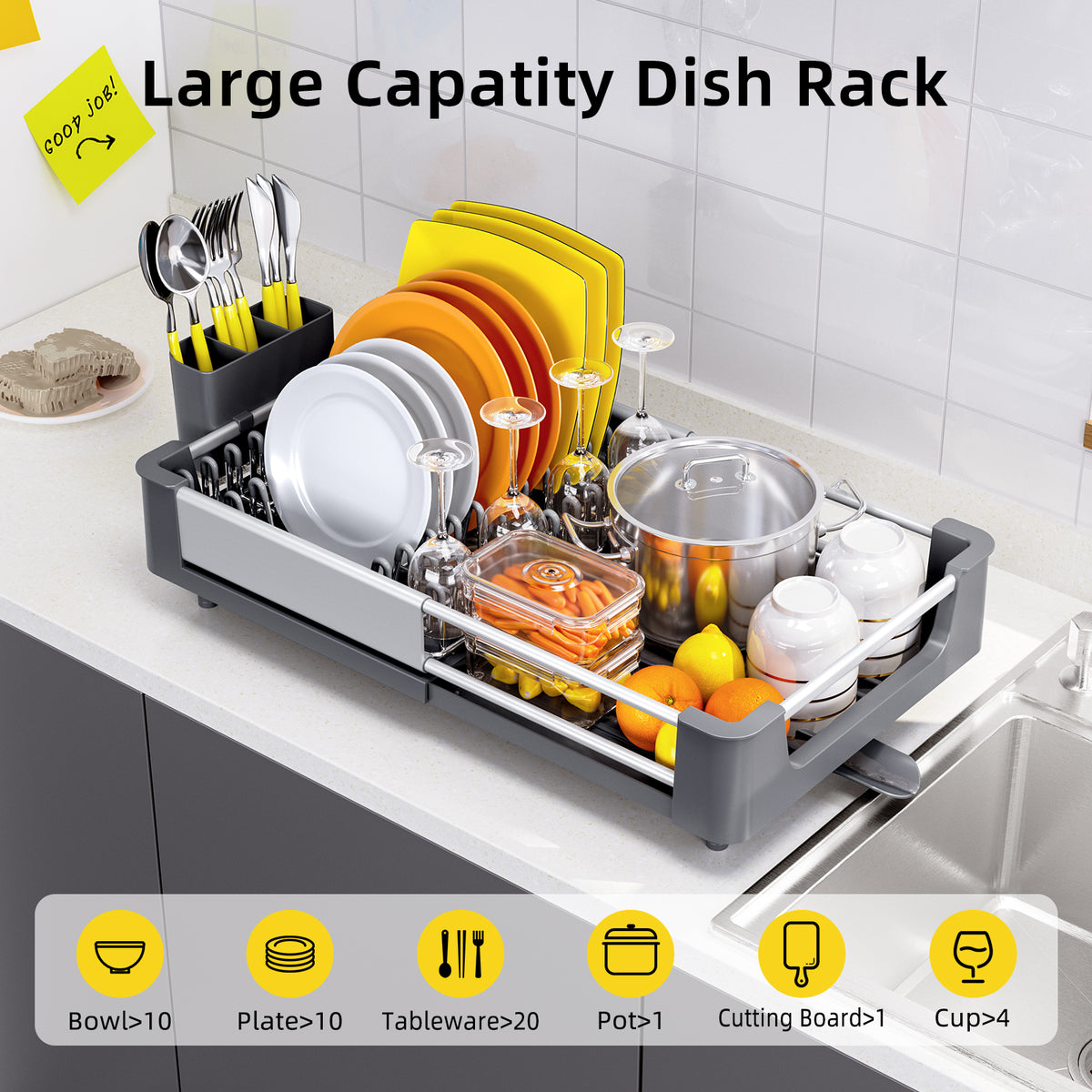 BEHERZT Extendable Dish Drying Rack, Dish Drainer for Kitchen Counter, Aluminum, Plate Rack, Gray