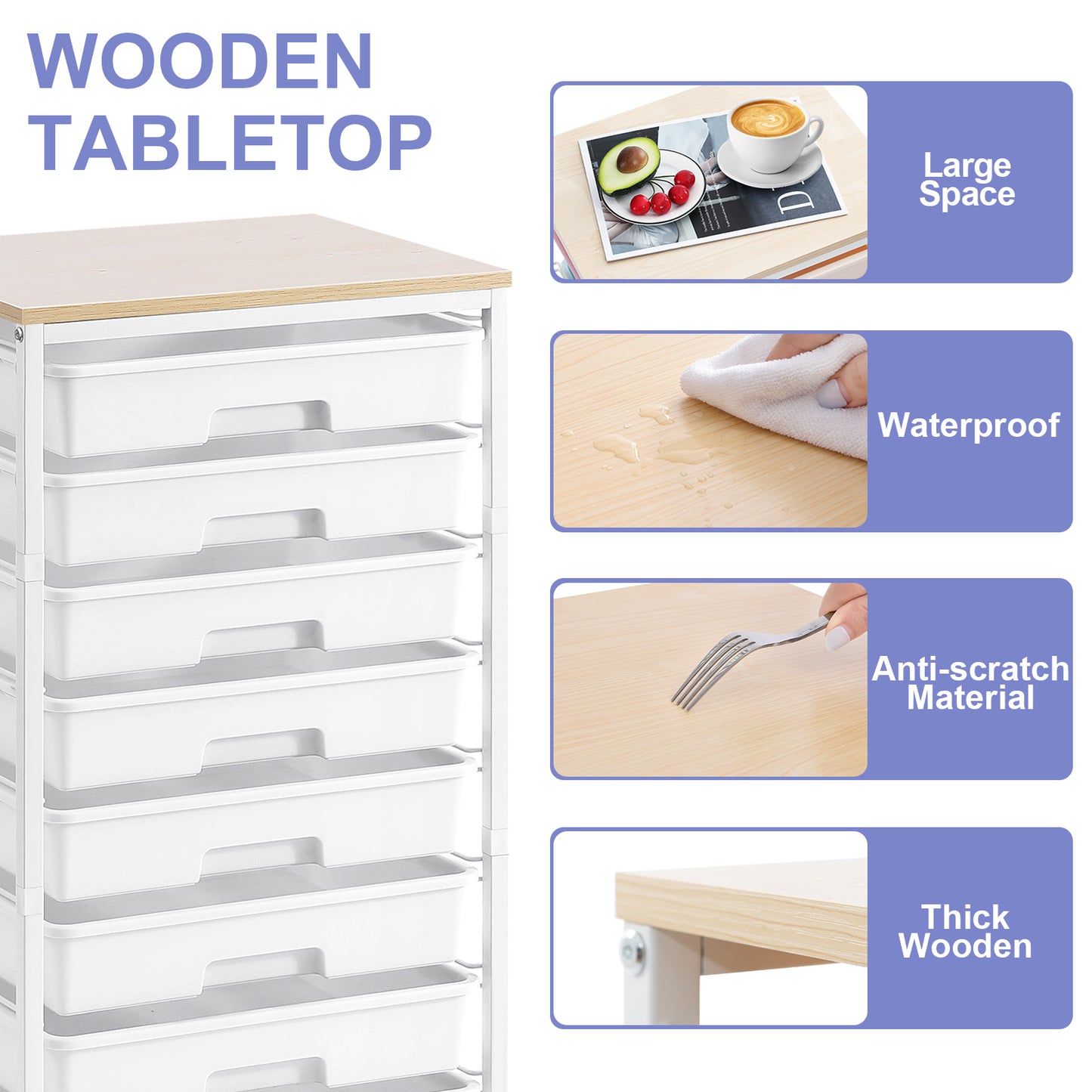 KK KINGRACK Storage Rolling Drawer Cart, Drawer Organizer with 8 Drawers and Wooden Tabletop, Metal & Plastic, White (BZ830924-6)