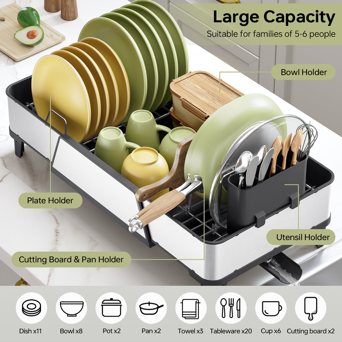 BEHERZT Extendable Dish Drying Rack, Dish Drainer for Kitchen Counter, Stainless Steel, Plate Rack, Black
