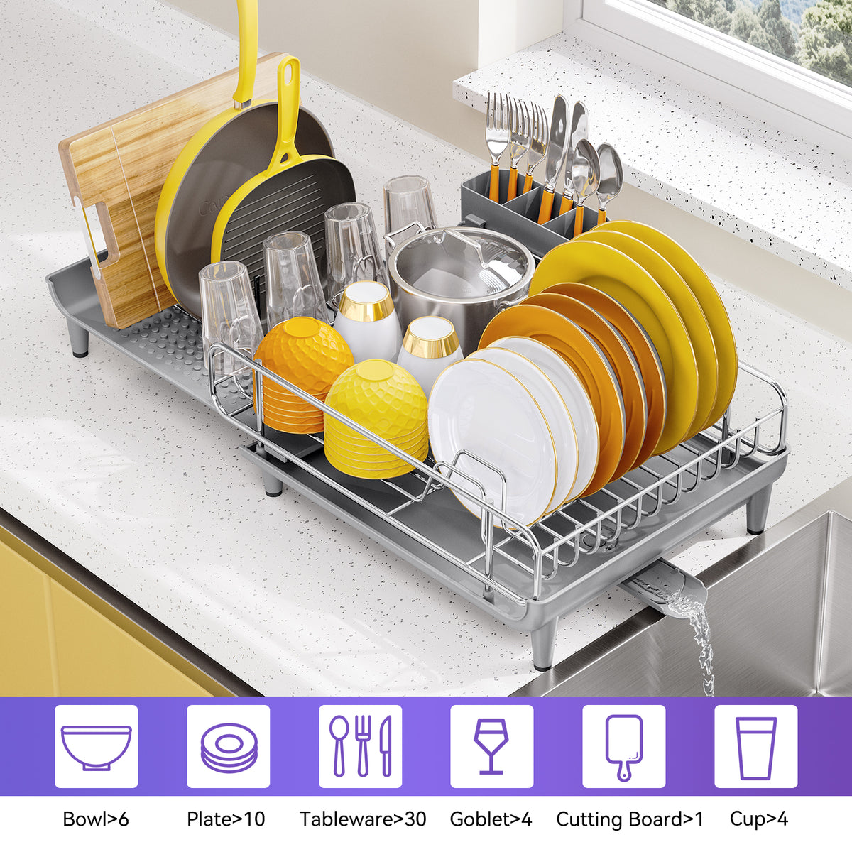 BEHERZT Extendable Dish Drainer, Dish Drying Rack, Stainless Steel, Plate Rack, 25.39" x 11.42" x 1.77", Gray