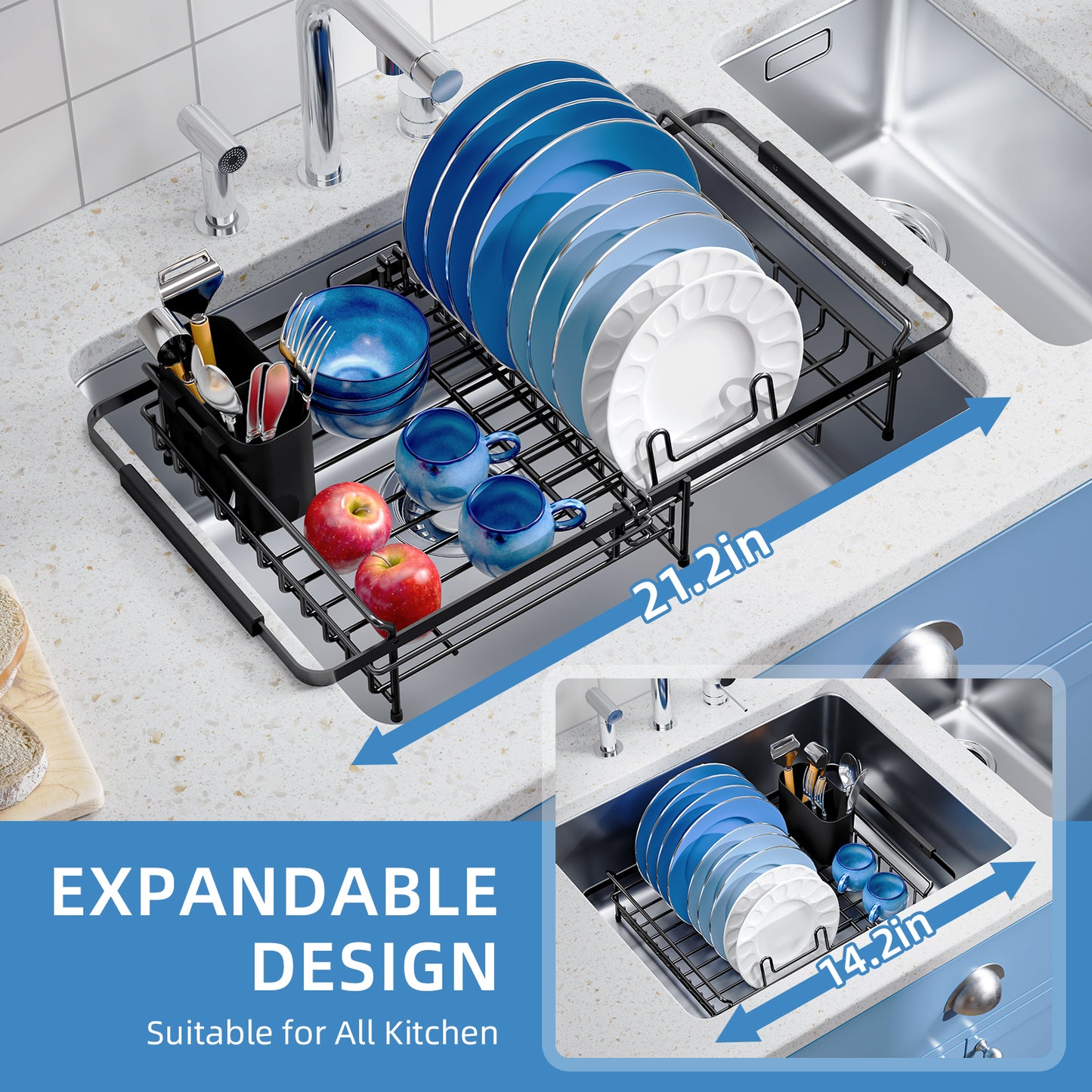 KK KINGRACK Dish Drying Rack , Expandable Metal Dish Rack, Rustproof Dish Drainer for Kitchen Counter, Black