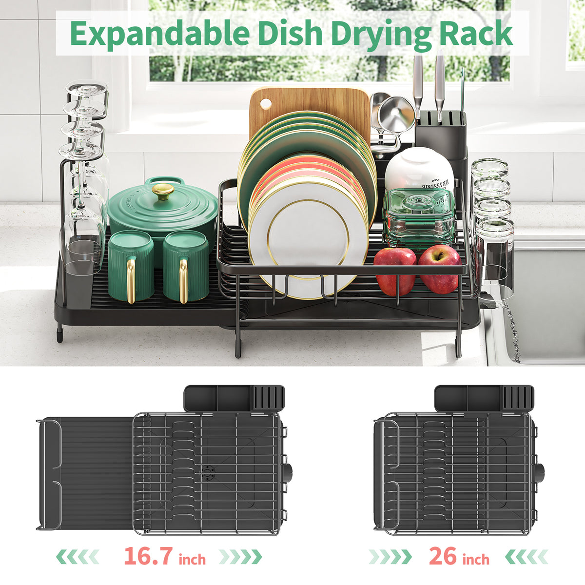 BEHERZT Expandable Dish Drying Rack, Large Capacity Dish Drainer, Plate Rack, Dish Rack with Wine Glasses, Black