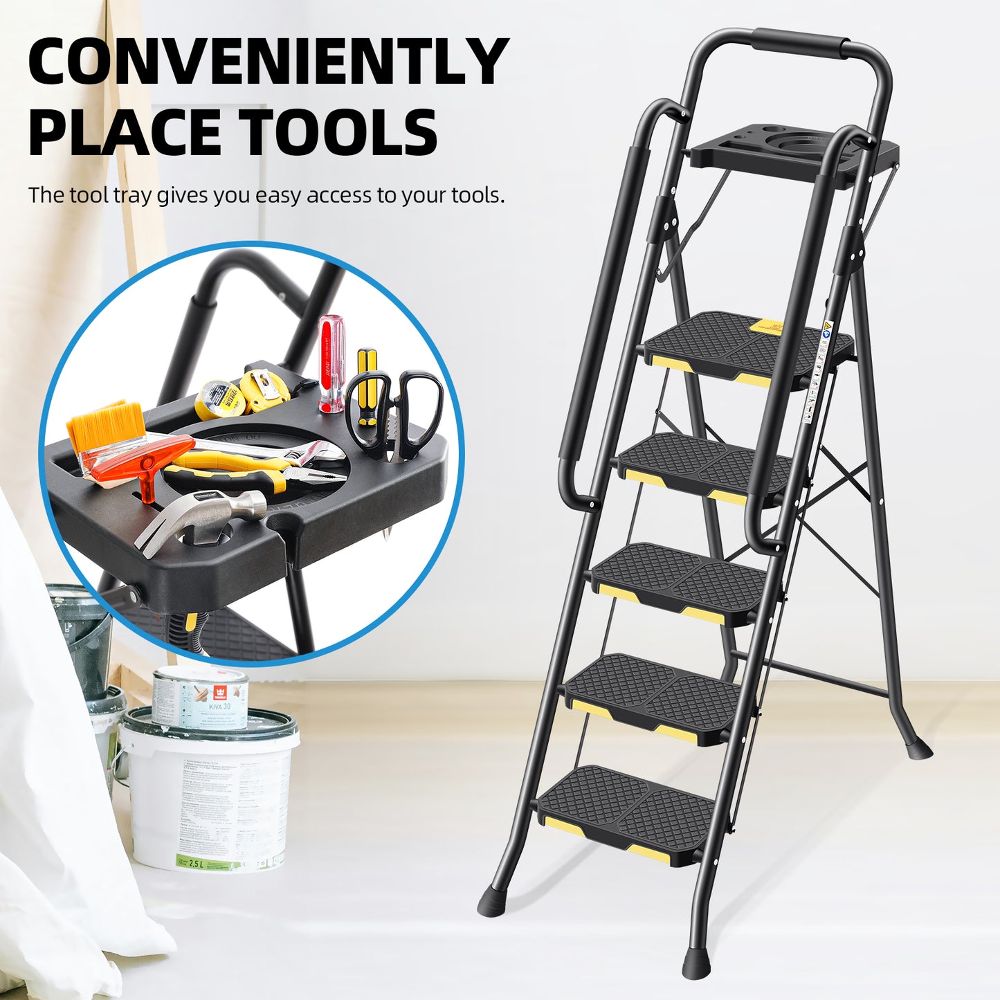 KK KINGRACK 5 Step Stool, Folding Ladder with Tool Platform&Handrails, 800 lbs Capacity, Black (TZ2223-5D)