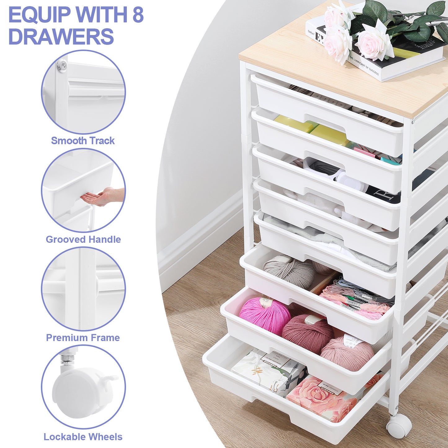 KK KINGRACK Storage Rolling Drawer Cart, Drawer Organizer with 8 Drawers and Wooden Tabletop, Metal & Plastic, White (BZ830924-6)