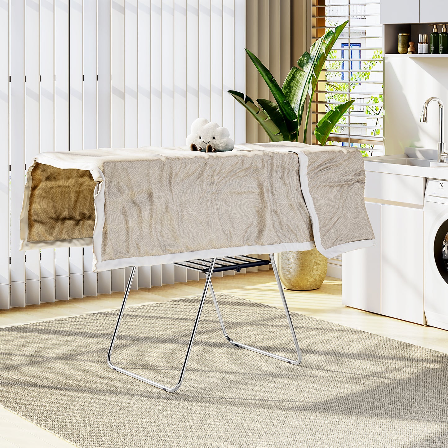 Clothes Drying Rack, KK KINGRACK Foldable Drying Rack with 2 Gullwings & Height-Adjustable, Large-Capacity Laundry Drying Rack, Indoor Outdoor, Stainless Steel（158206）