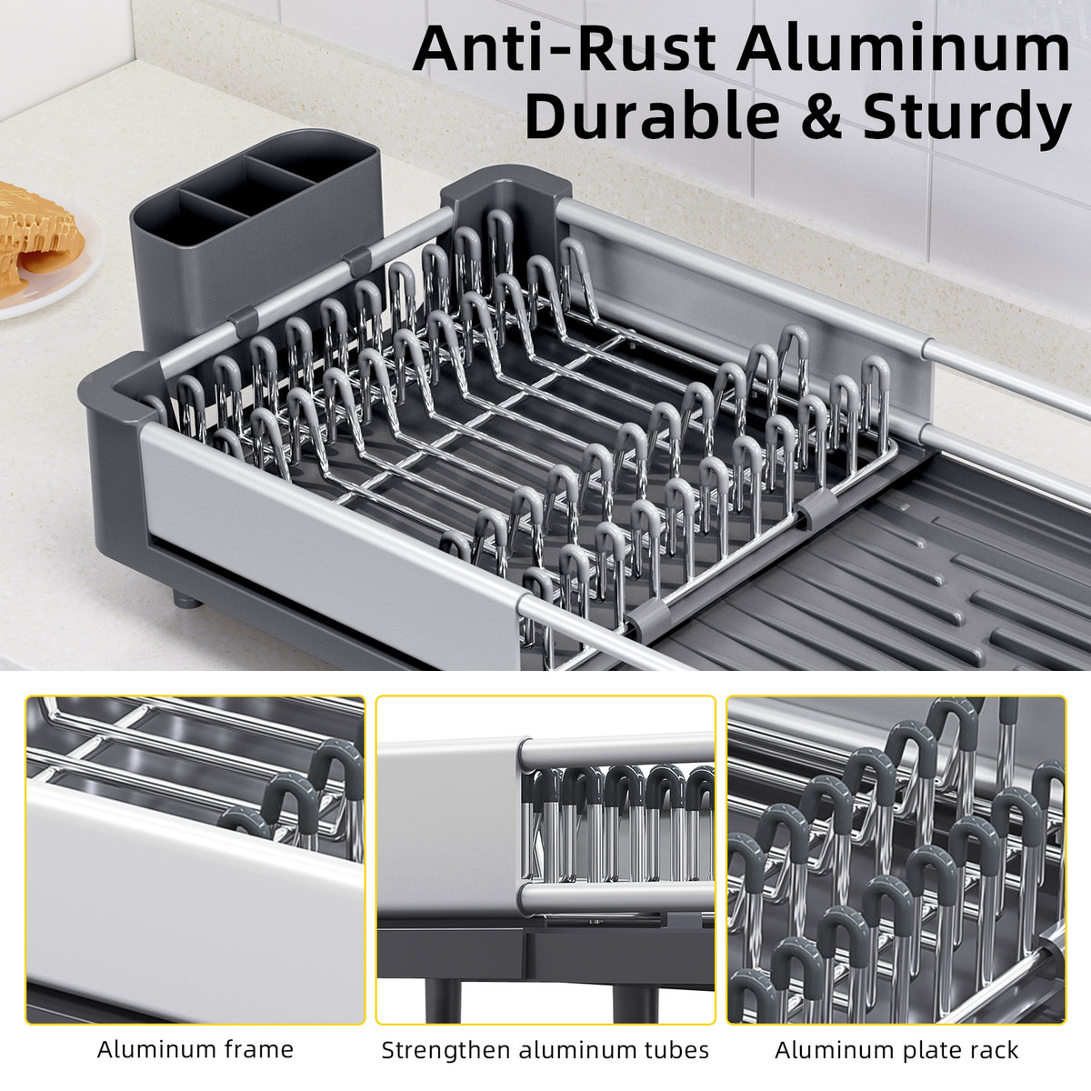 BEHERZT Extendable Dish Drying Rack, Dish Drainer for Kitchen Counter, Aluminum, Plate Rack, Gray
