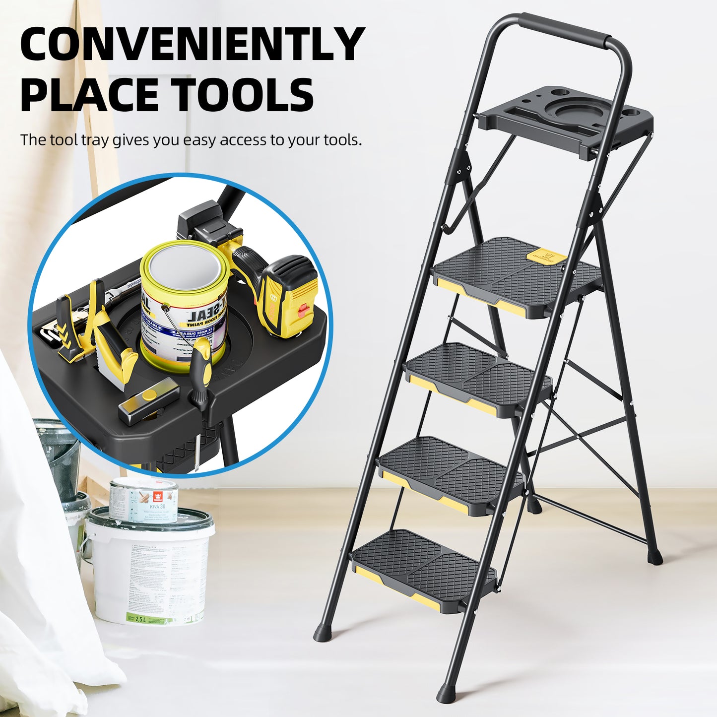 Kingrack 4 Step Ladder, 800 lbs Capacity with Tool Platform, Folding Steel Step Stool, Safety Lock, Portable for Home, Painting, Outdoor & Garage