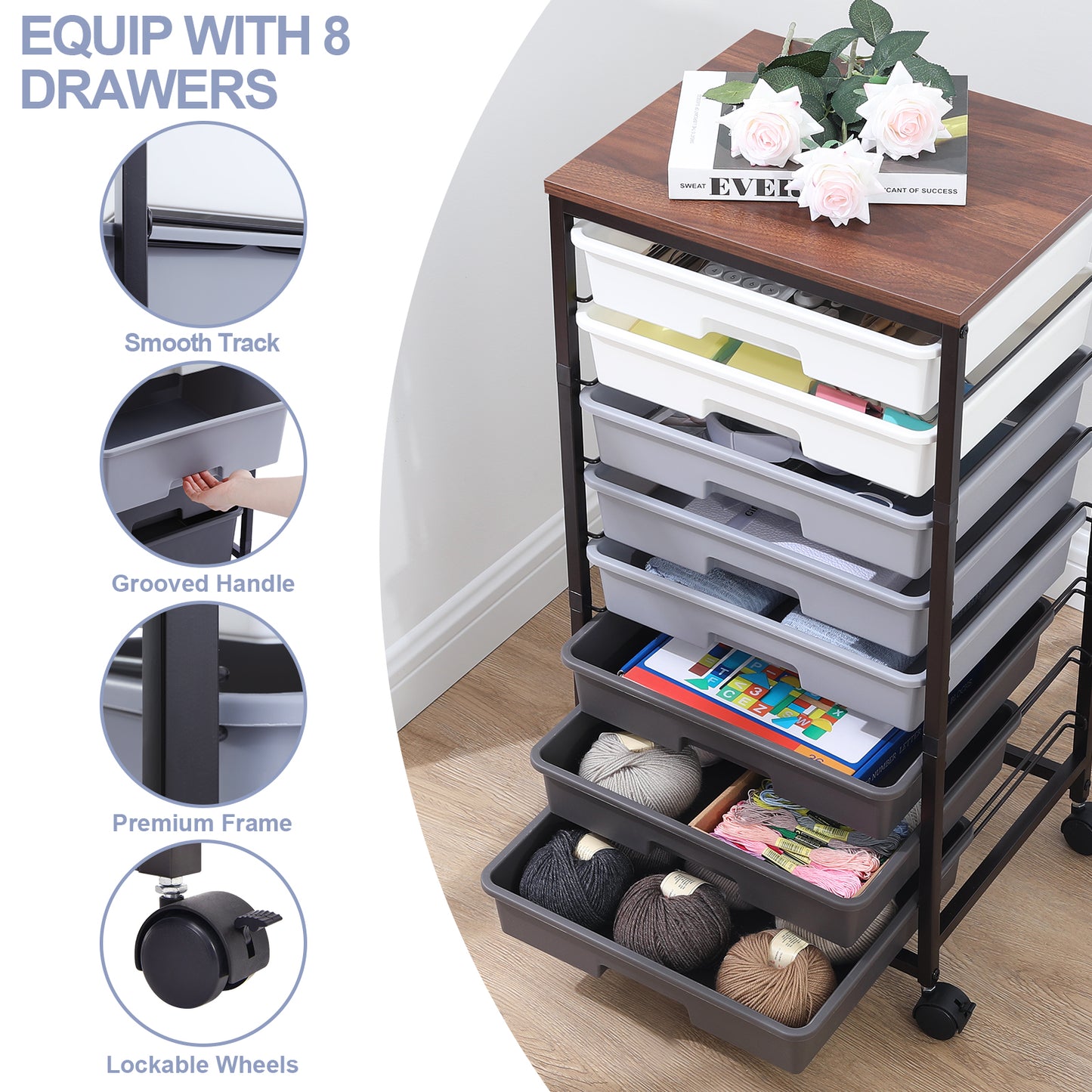 KK KINGRACK Storage Rolling Drawer Cart, Rolling Cart with 8 Drawers and Wooden Tabletop, Metal & Plastic, Gray（BZ830924-5）