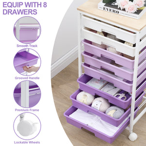 KK KINGRACK Storage Rolling Drawer Cart with 8 Drawers & Wooden Tabletop, Metal & Plastic, Purple（BZ830924-7）