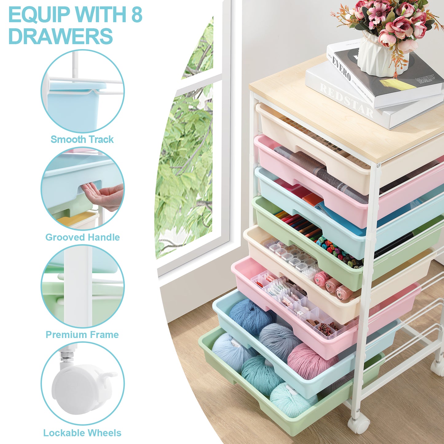 KK KINGRACK Storage Rolling Drawer Cart, Drawer Organizer with 8 Drawers and Wooden Tabletop, Metal & Plastic, Multicolor (BZ830924-1)