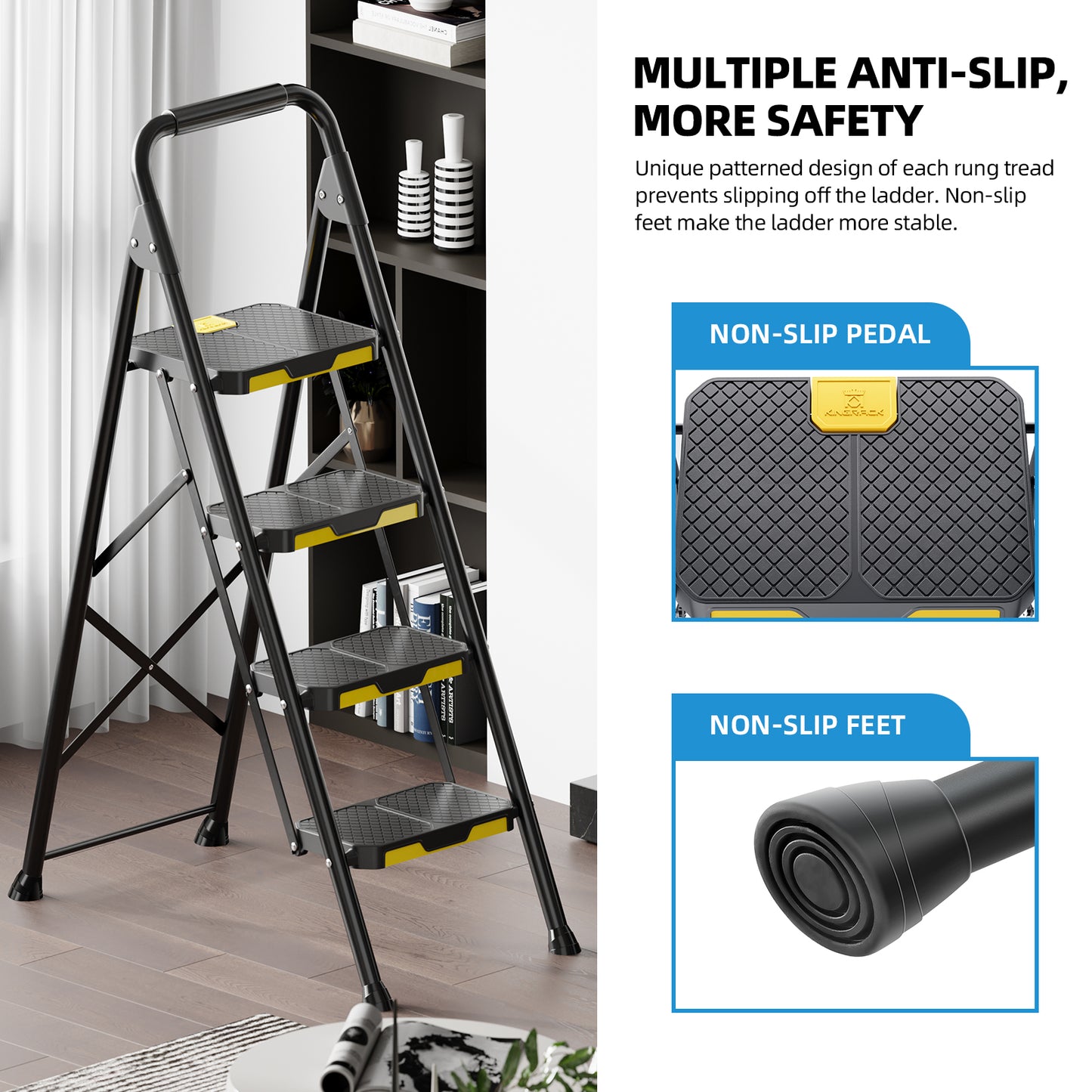 KK KINGRACK 4 Step Stool, Folding Step Ladder for Home&Outdoor, 800 lbs Capacity, Black（TZ2223-4）