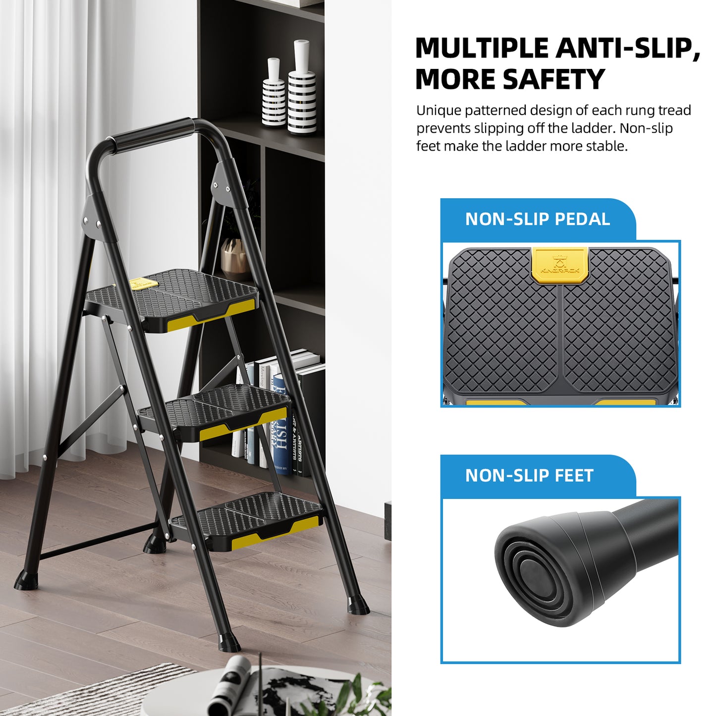 KK KINGRACK 3 Step Ladder, Folding Step Stool with Non-Slip Feet for Home, 800 lbs Capacity, Black (TZ2223-3)