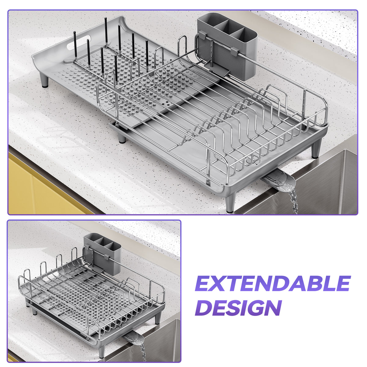 BEHERZT Extendable Dish Drainer, Dish Drying Rack, Stainless Steel, Plate Rack, 25.39" x 11.42" x 1.77", Gray
