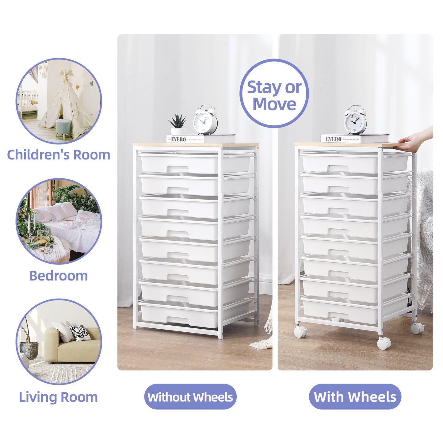 KK KINGRACK Storage Rolling Drawer Cart, Drawer Organizer with 8 Drawers and Wooden Tabletop, Metal & Plastic, White (BZ830924-6)