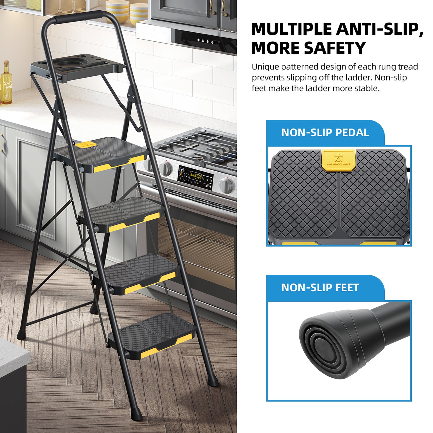 Kingrack 4 Step Ladder, 800 lbs Capacity with Tool Platform, Folding Steel Step Stool, Safety Lock, Portable for Home, Painting, Outdoor & Garage