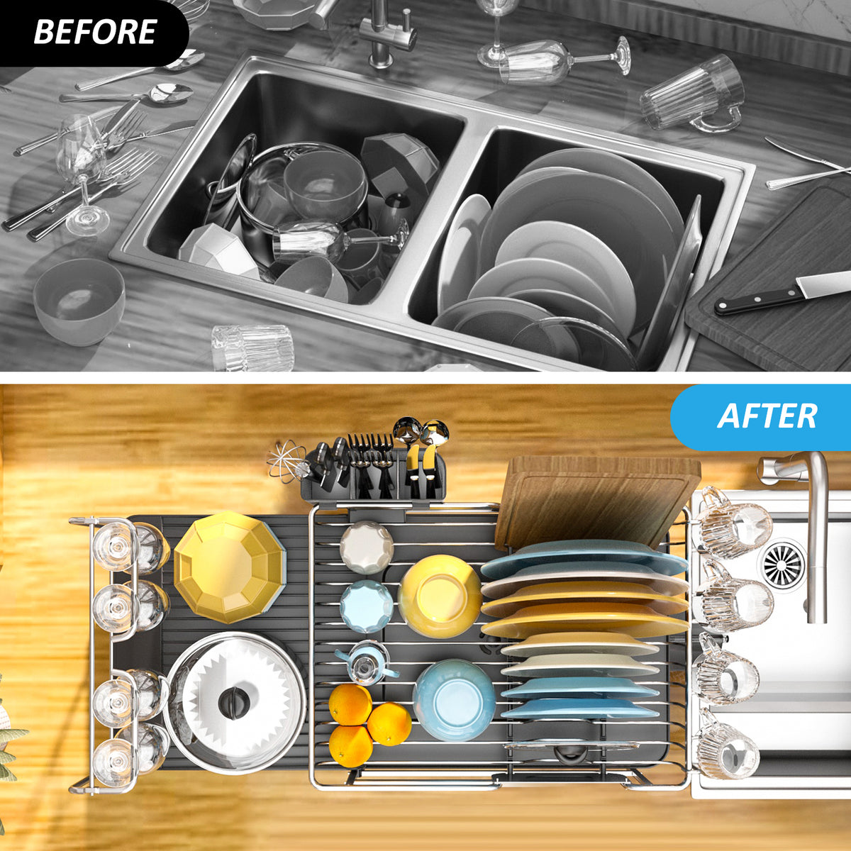 BEHERZT Expandable Dish Drainer, Aluminum Kitchen Dish Drying Rack, Plate Rack, Large Capacity, Black