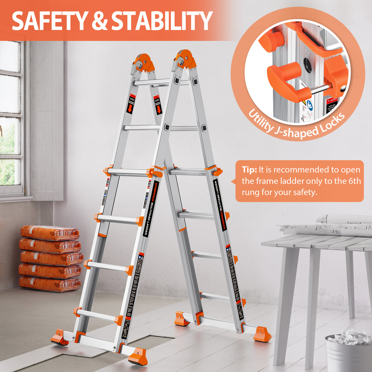KINGRACK Ladder, A Frame 4 Step Extension Ladder, 14 Ft Anti-Slip Multi Position Ladder with Stabilizer Bar, 330 lbs Security Load Telescoping Aluminum Ladders for Stairs Home Outdoor Roof Work