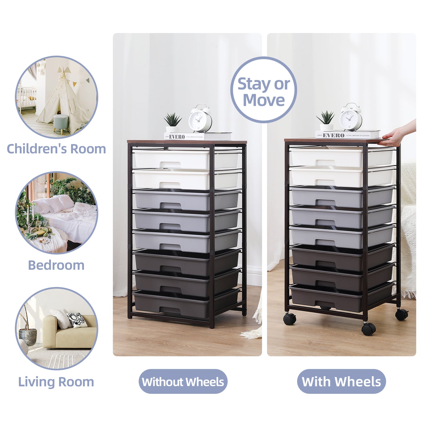 KK KINGRACK Storage Rolling Drawer Cart, Rolling Cart with 8 Drawers and Wooden Tabletop, Metal & Plastic, Gray（BZ830924-5）