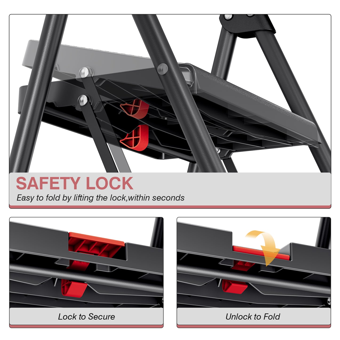 3 Step Stool, KK KINGRACK Folding Step Ladder with Wide Pedal&Safety Lock, 500 LBS, Black(2228-3)